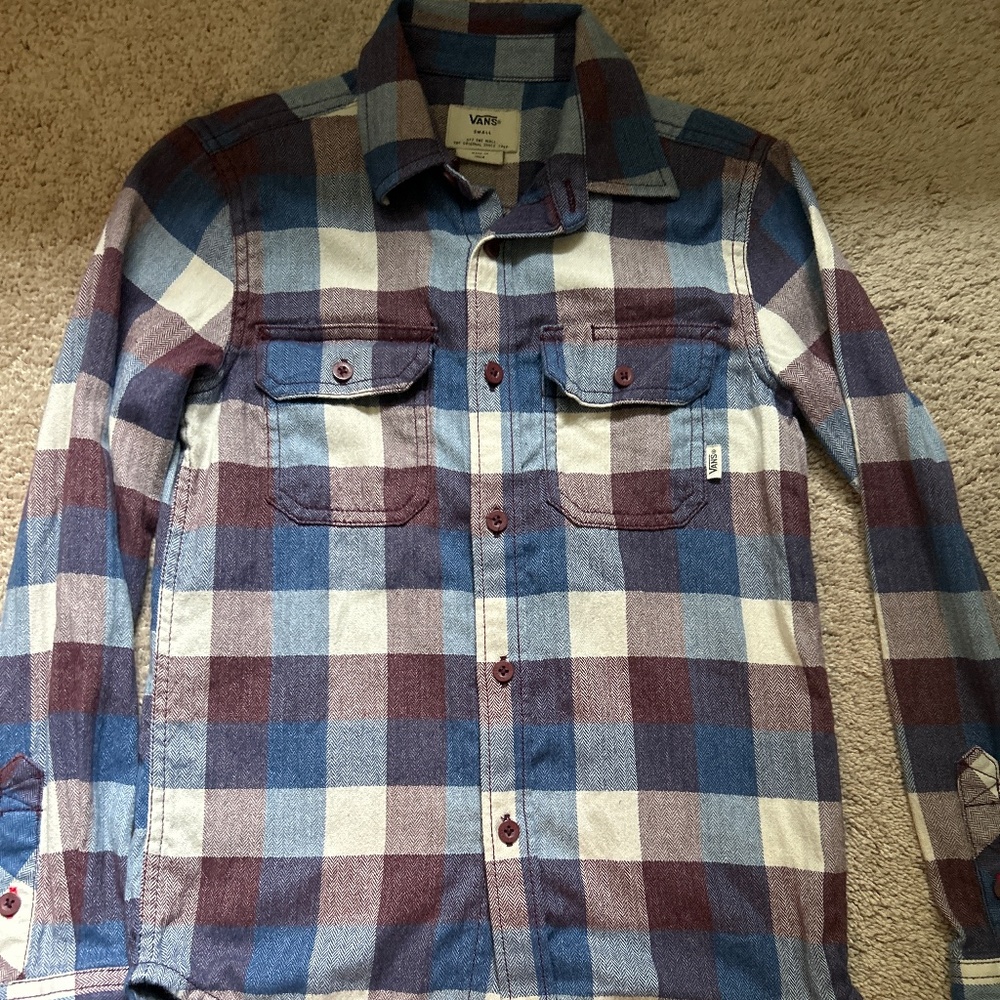 Vans Off The Wall Mens Small Blue Burgundy Plaid Herringbone Flannel‎ Shirt LS